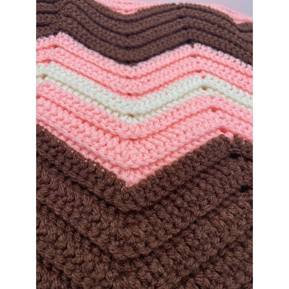 VTG Hand‎ Crochet Chevron Afghan 70's Blanket Peach/Pink, Brown, Cream 64